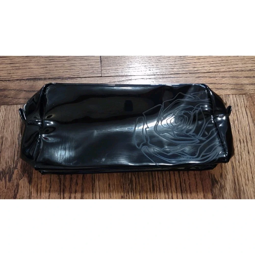 Lancome Black Faux Leather Makeup Bag Rose Design Toiletry Pouch Travel Case